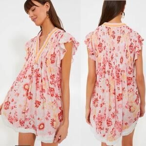 Poupette St Barth Sasha Lace Trimmed Mini Dress 90s Pink Floral V Neck Sz S Boho